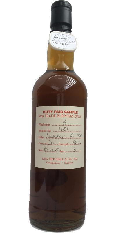 Longrow 2002 Duty Paid Sample - For Trade Purposes Only