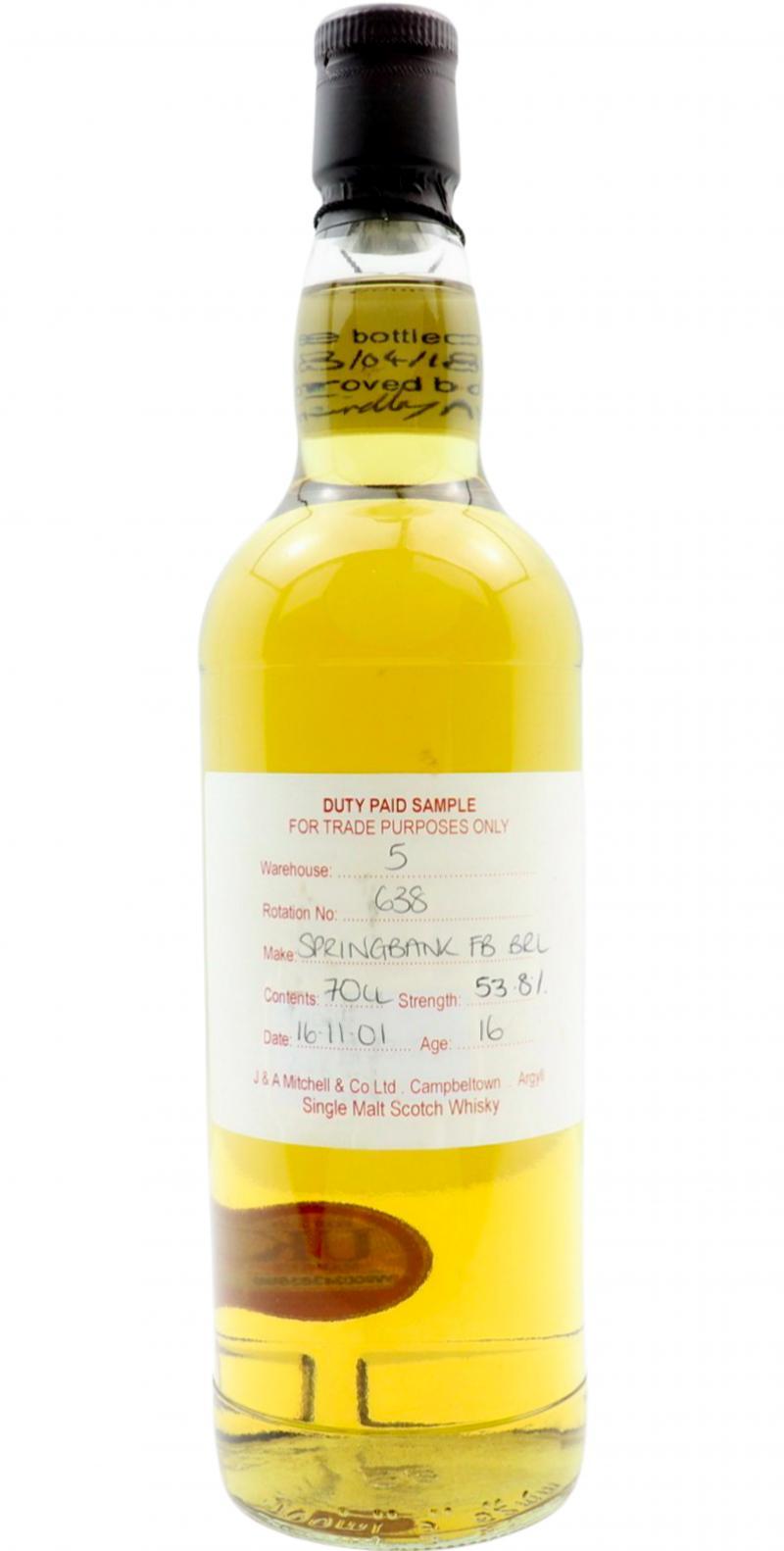 Springbank 2001 Duty Paid Sample - For Trade Purposes Only