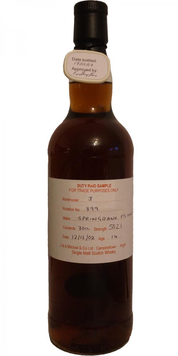 Springbank 2002 Duty Paid Sample - For Trade Purposes Only