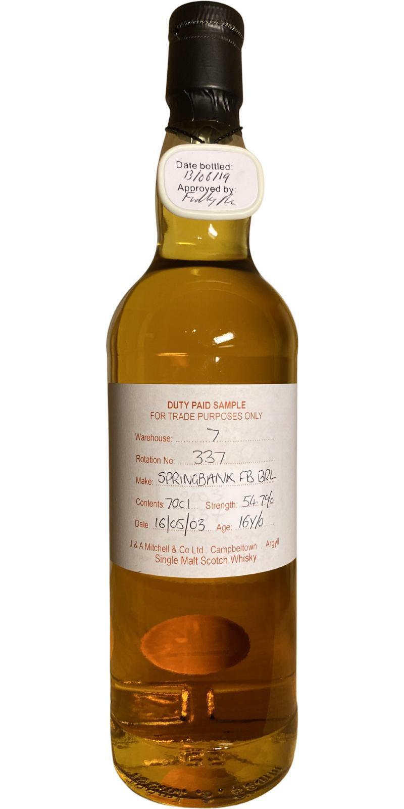 Springbank 2003 Duty Paid Sample - For Trade Purposes Only