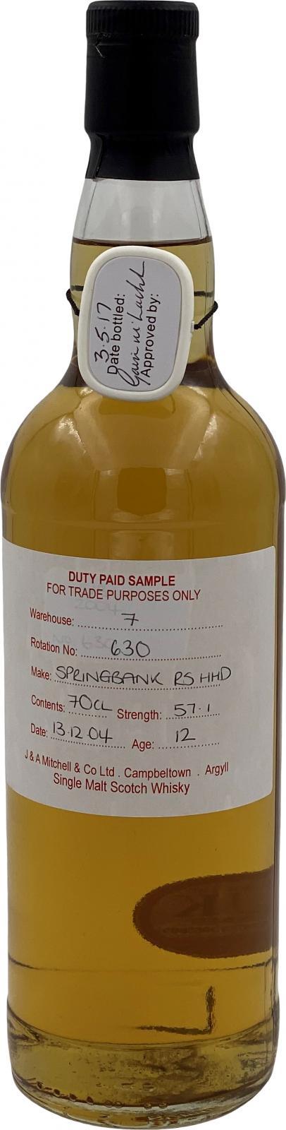 Springbank 2004 Duty Paid Sample - For Trade Purposes Only