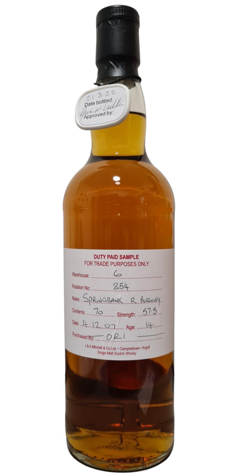 Springbank 2007 Duty Paid Sample - For Trade Purposes Only
