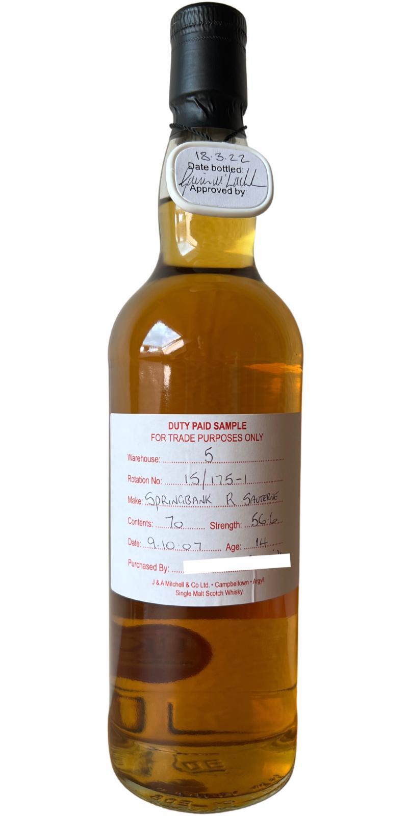 Springbank 2007 Duty Paid Sample - For Trade Purposes Only