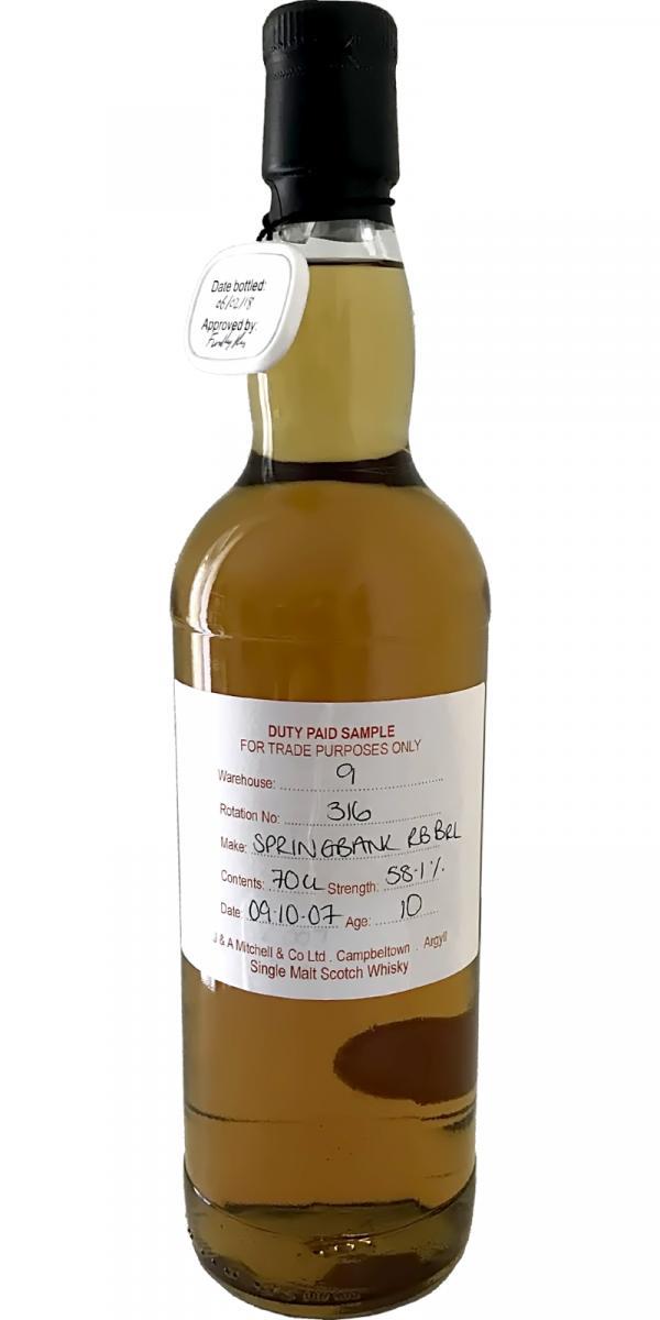 Springbank 2007 Duty Paid Sample - For Trade Purposes Only