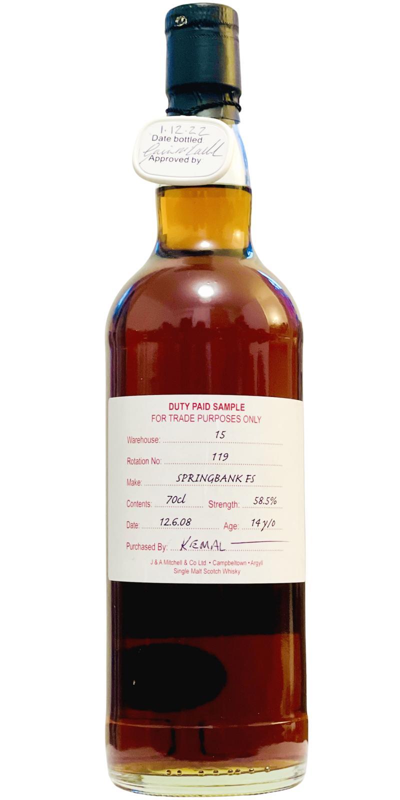 Springbank 2008 Duty Paid Sample - For Trade Purposes Only