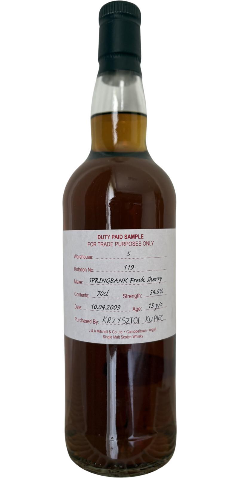 Springbank 2009 Duty Paid Sample - For Trade Purposes Only