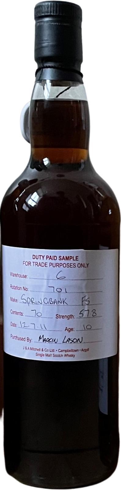 Springbank 2011 Duty Paid Sample - For Trade Purposes Only
