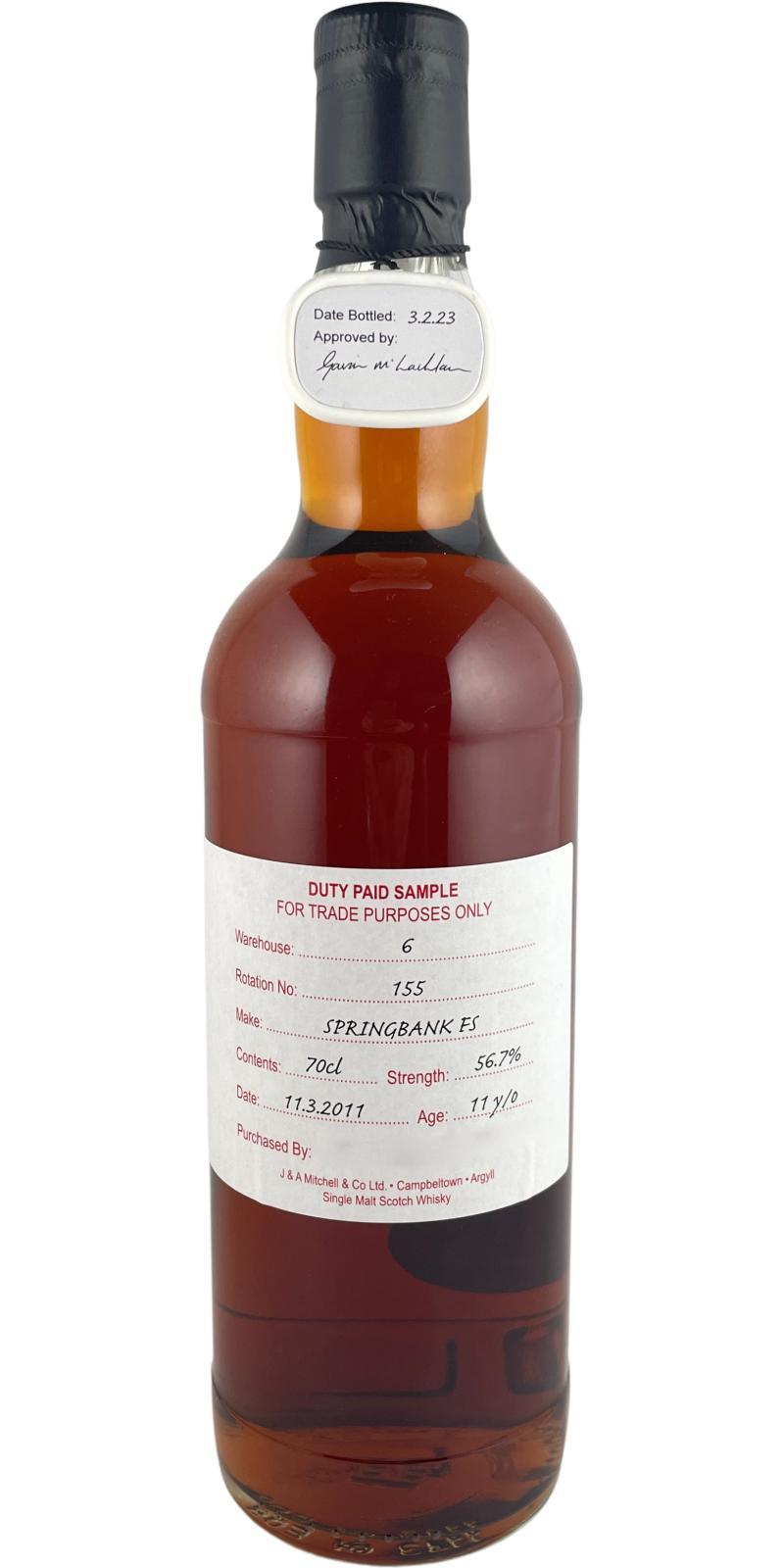 Springbank 2011 Duty Paid Sample - For Trade Purposes Only