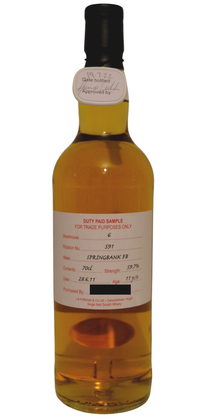 Springbank 2011 Duty Paid Sample - For Trade Purposes Only