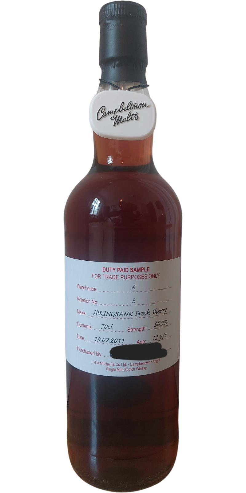 Springbank 2011 Duty Paid Sample - For Trade Purposes Only