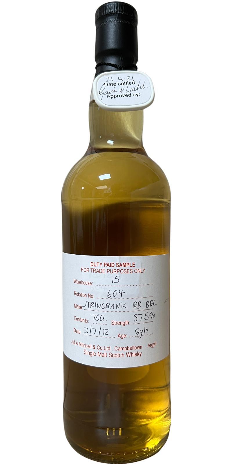 Springbank 2012 Duty Paid Sample - For Trade Purposes Only