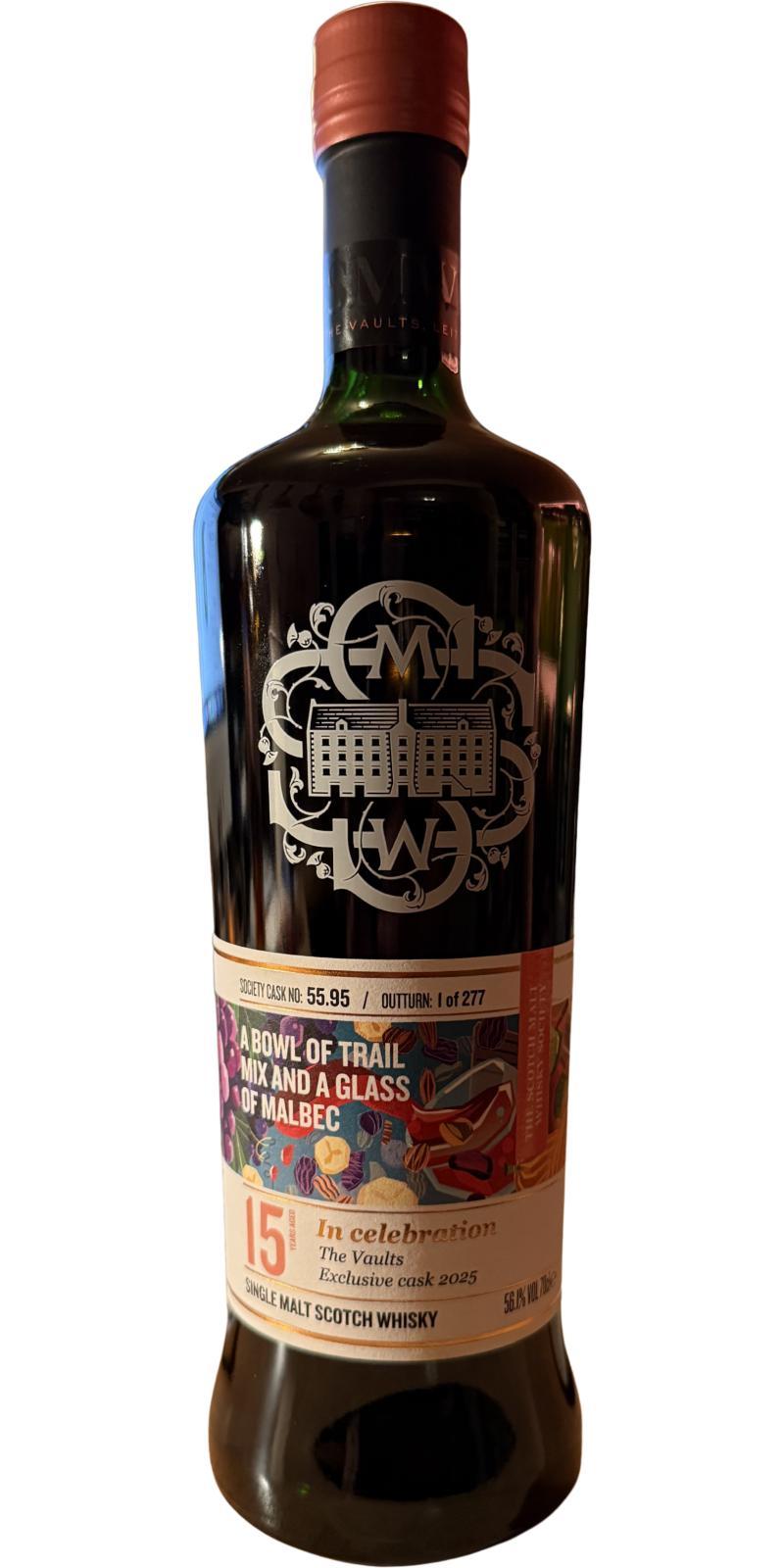 Royal Brackla 15-year-old SMWS 55.95  A bowl of trail mix and a glass of Malbec