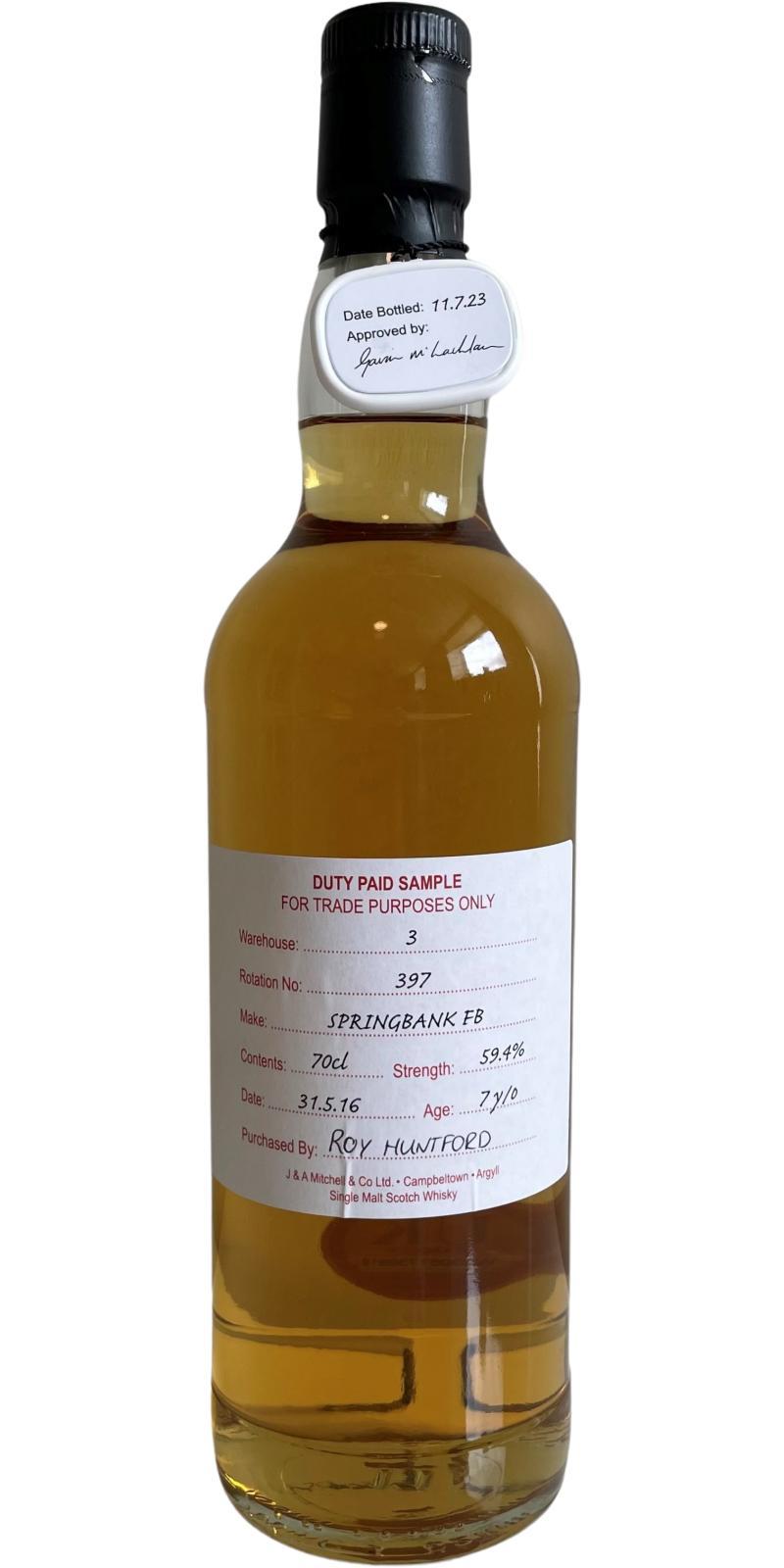 Springbank 2016 Duty Paid Sample - For Trade Purposes Only