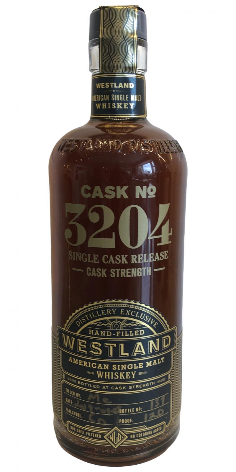 Westland Cask No. 3204  Single Cask Reserve Hand Filled
