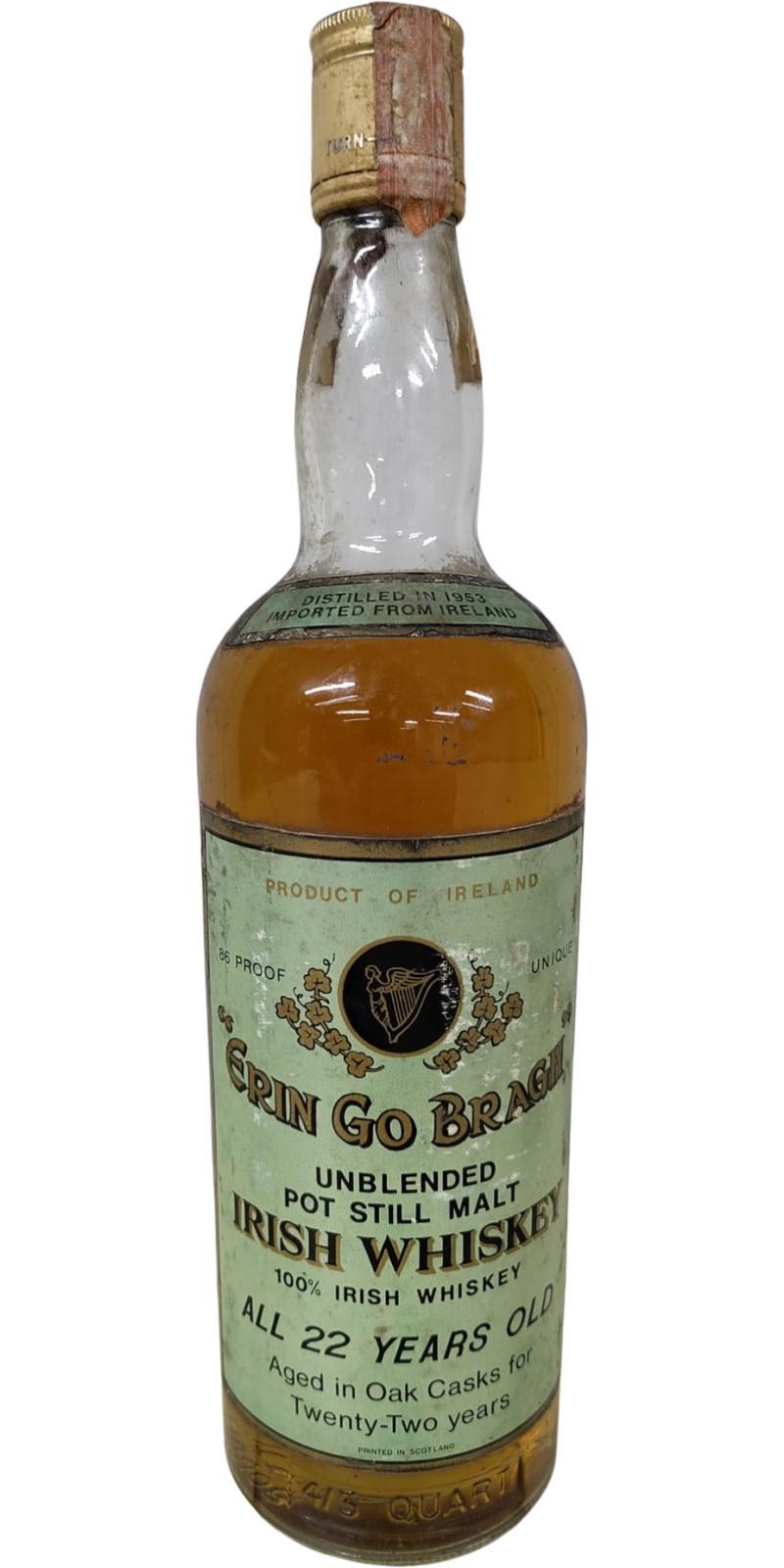 Erin Go Bragh 1953  Unblended Pot Still Malt Irish Whiskey