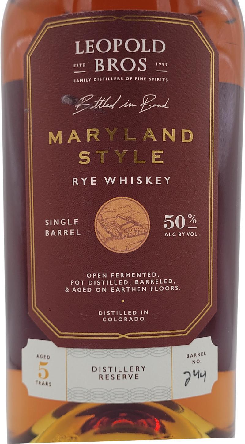Leopold Bros 2019  Maryland-Style Rye Whiskey - Distillery Reserve Single Barrel