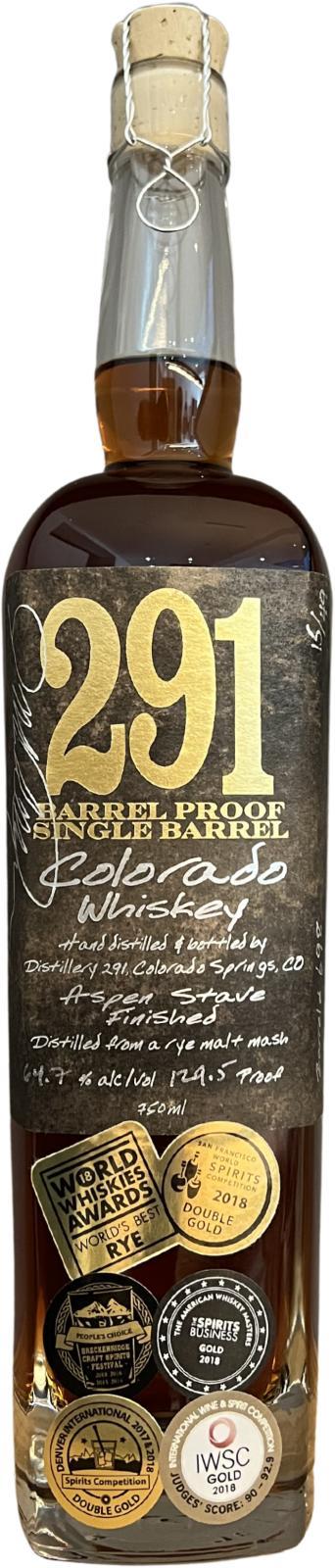Distillery 291 Colorado Whiskey Rye  Barrel Proof Single Barrel