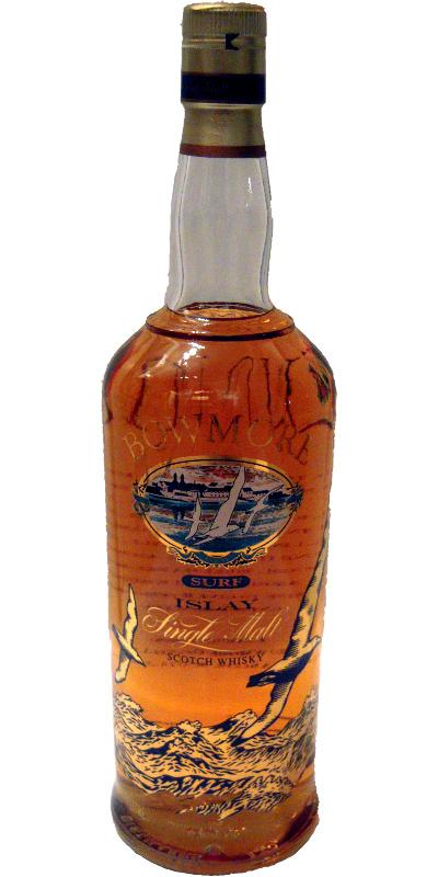 Bowmore Surf Glass printed label with gulls and distillery