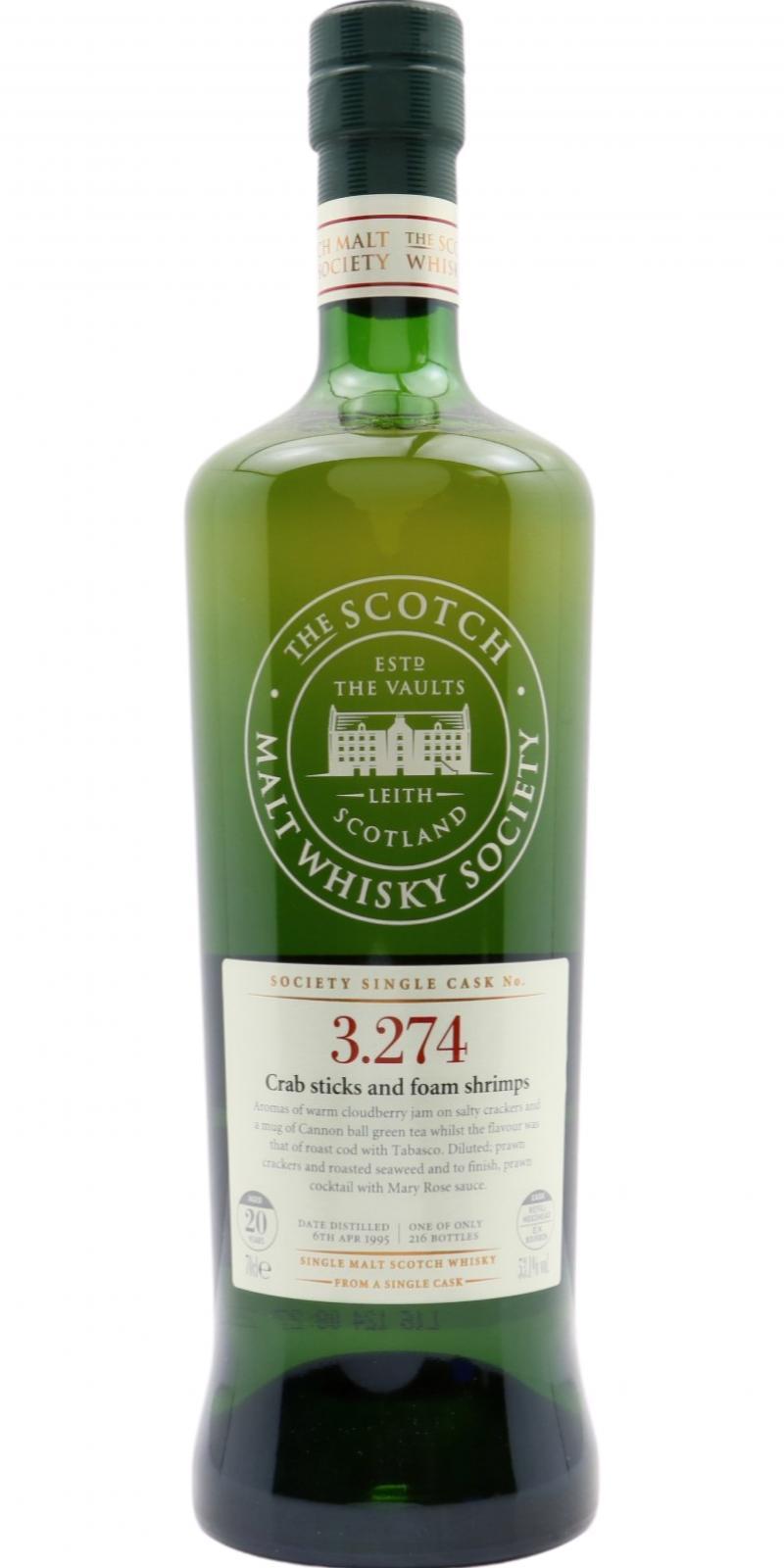 Bowmore 1995 SMWS 3.274 Crab sticks and foam shrimps