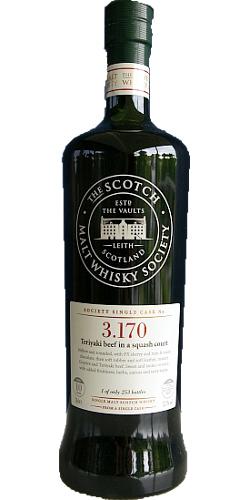 Bowmore 2000 SMWS 3.170 Teriyaki beef in a squash court