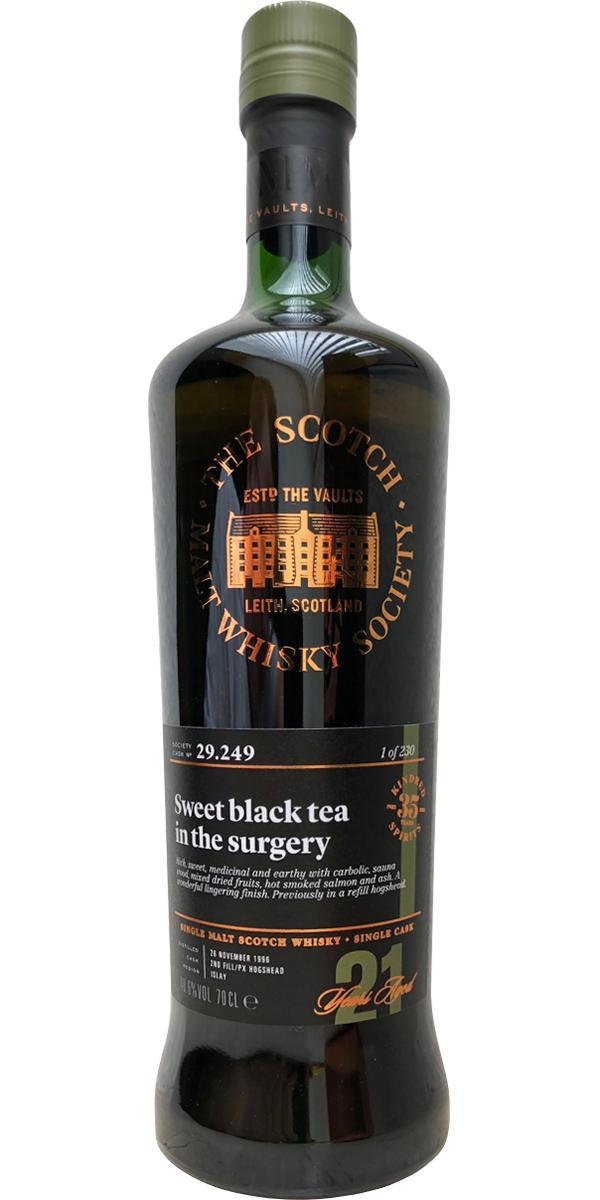 Laphroaig 1996 SMWS 29.249  Sweet black tea in the surgery