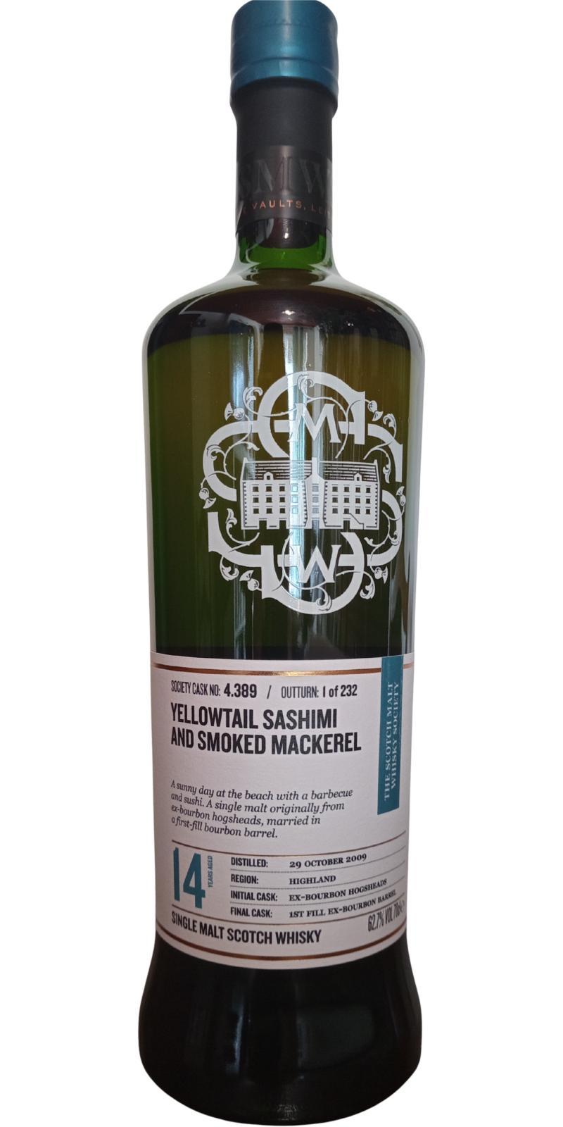 Highland Park 2009 SMWS 4.389 Yellowtail sashimi and smoked mackerel