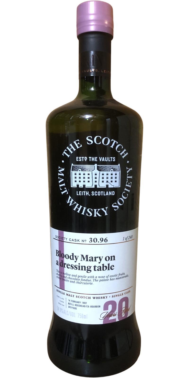 Glenrothes 1997 SMWS 30.96 Bloody Mary on a dressing table