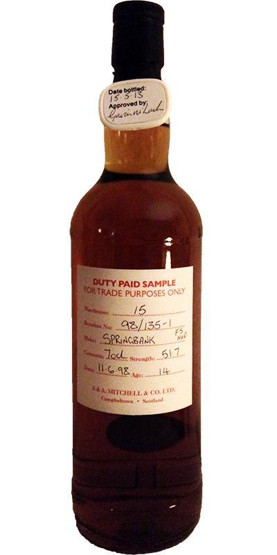 Springbank 1998 Duty Paid Sample - For Trade Purposes Only