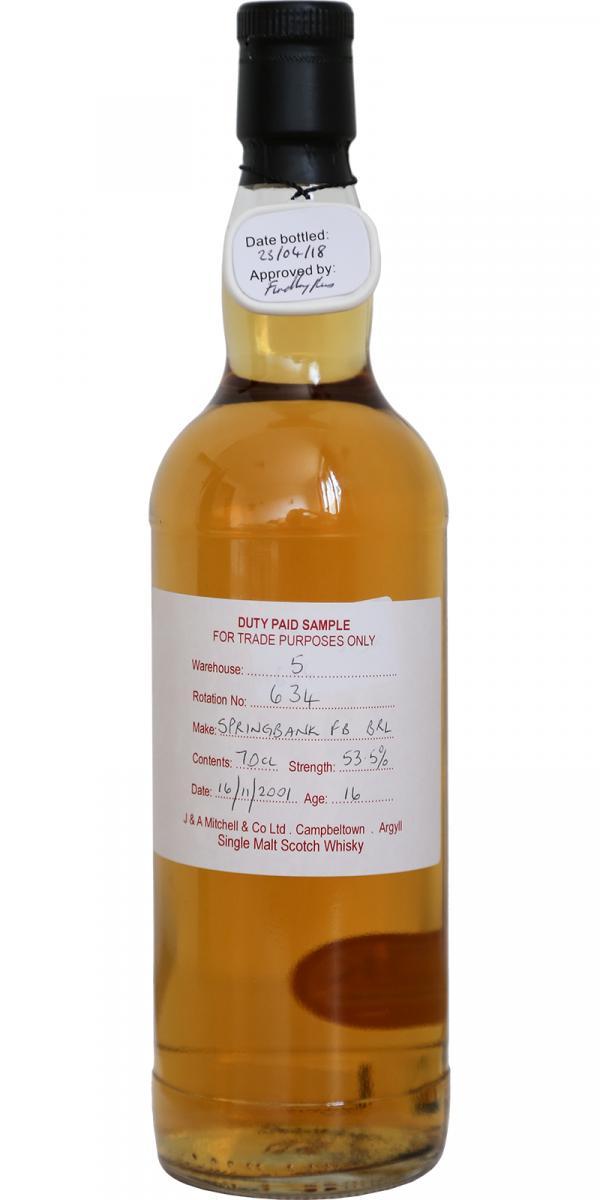 Springbank 2001 Duty Paid Sample - For Trade Purposes Only