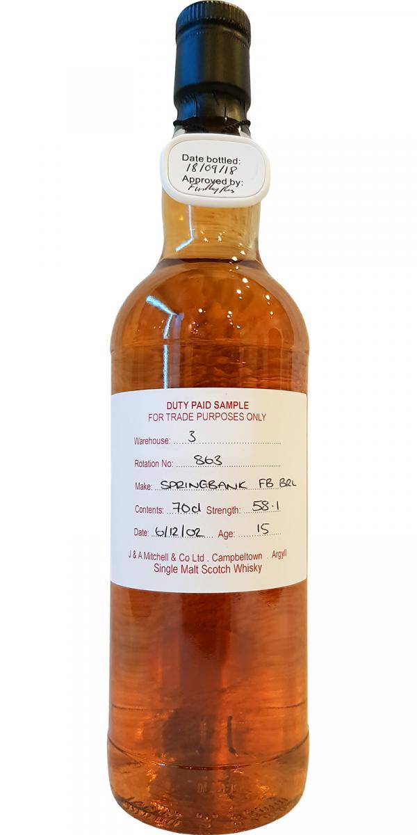 Springbank 2002 Duty Paid Sample - For Trade Purposes Only