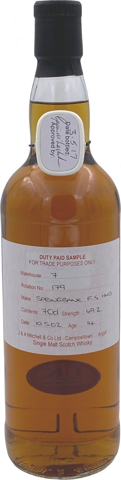 Springbank 2002 Duty Paid Sample - For Trade Purposes Only
