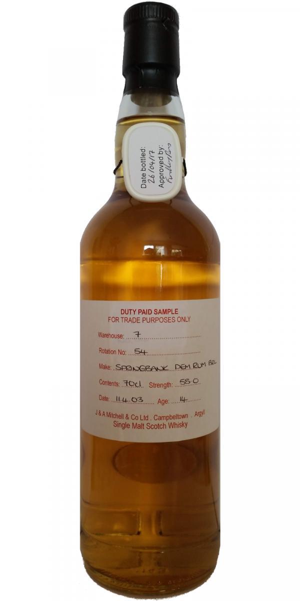 Springbank 2003 Duty Paid Sample - For Trade Purposes Only