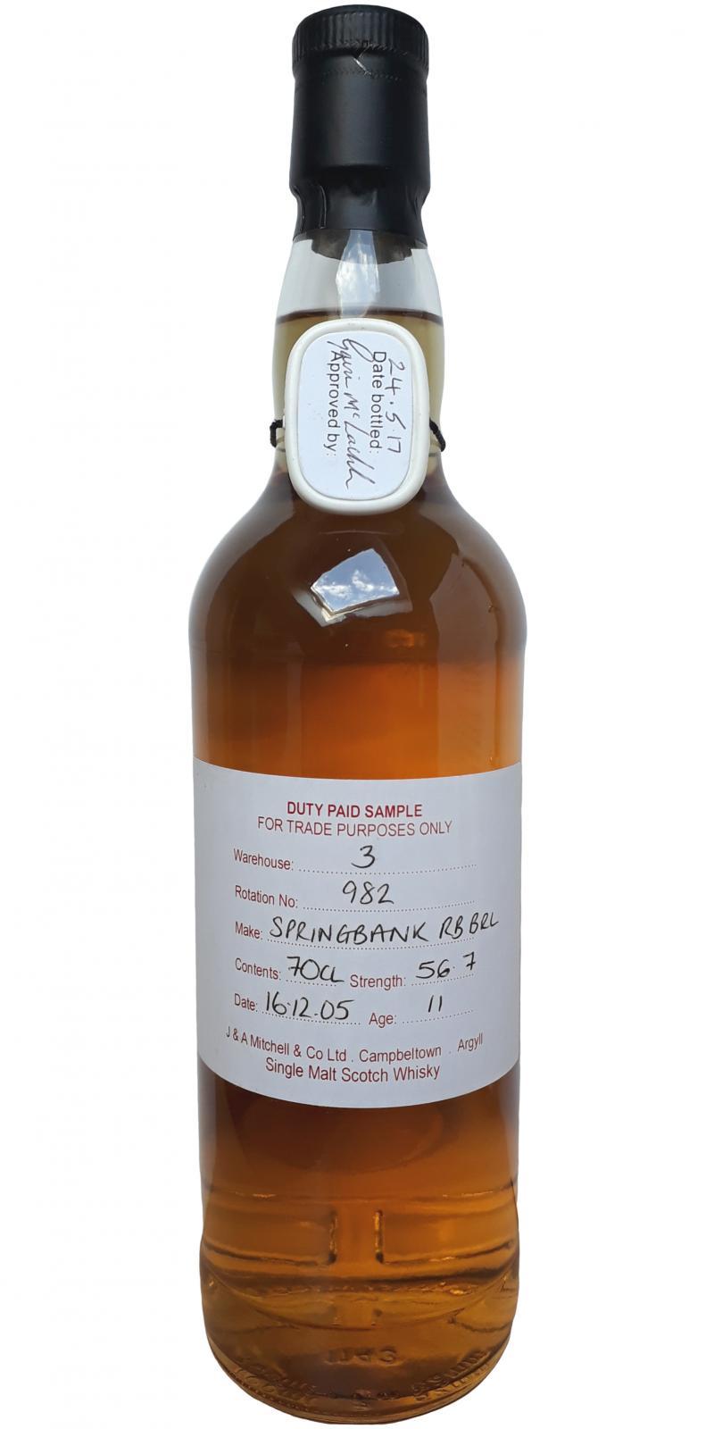 Springbank 2005 Duty Paid Sample - For Trade Purposes Only