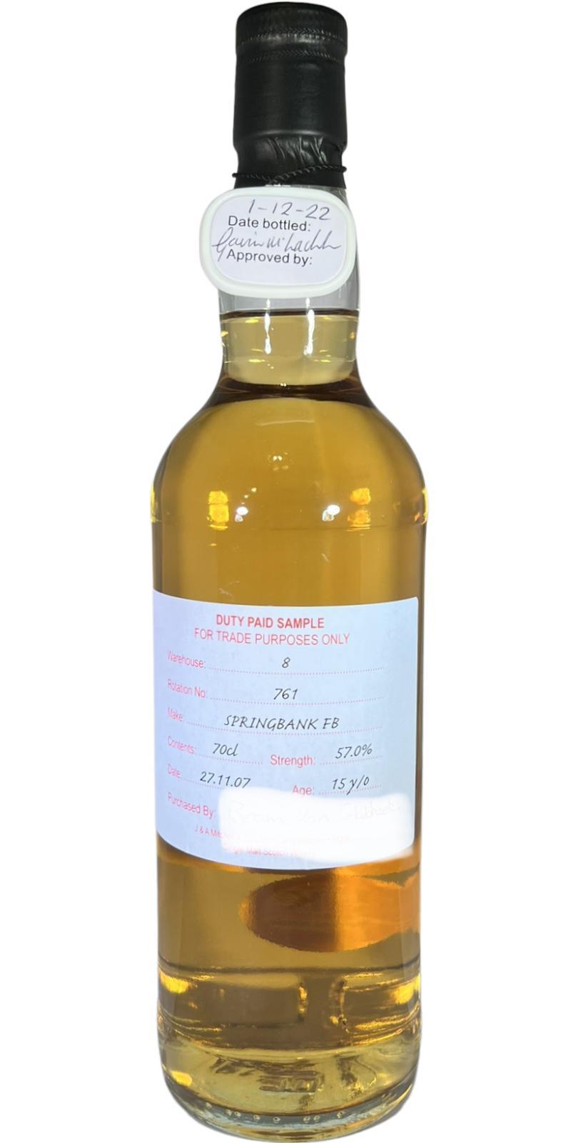 Springbank 2007 Duty Paid Sample - For Trade Purposes Only