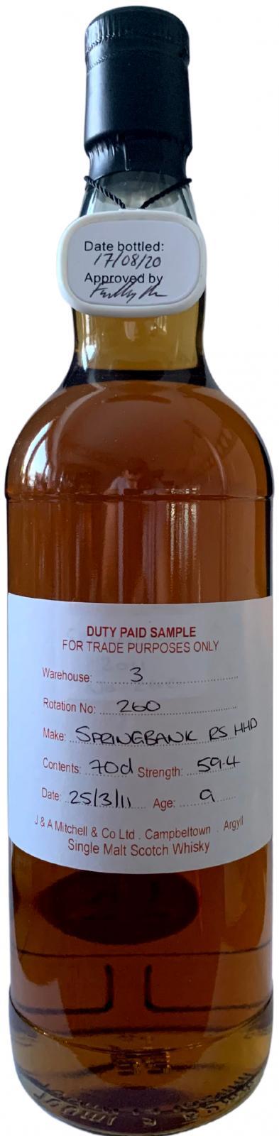 Springbank 2011 Duty Paid Sample - For Trade Purposes Only