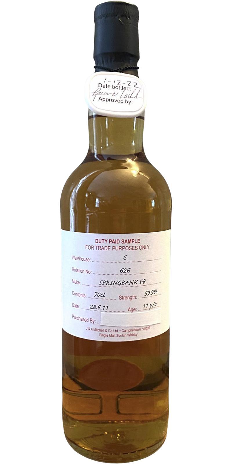 Springbank 2011 Duty Paid Sample - For Trade Purposes Only