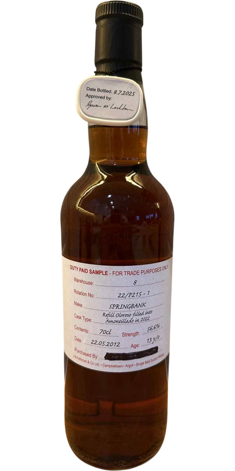 Springbank 2012 Duty Paid Sample - For Trade Purposes Only