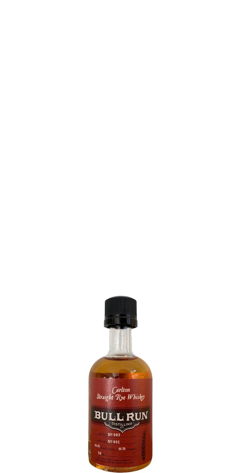 Bull Run Carlton Straight Rye Whiskey Batch No. 003