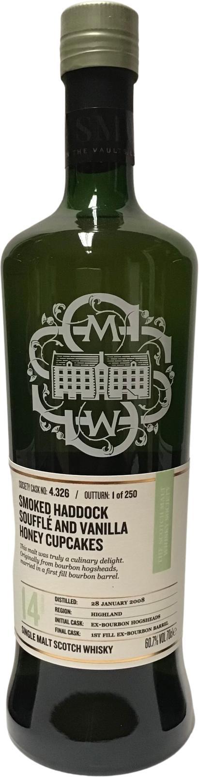 Highland Park 2008 SMWS 4.326 Smoked haddock soufflé and vanilla honey cupcakes