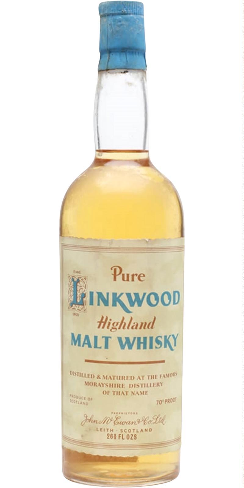 Linkwood Pure 70 Proof Cream label, Light blue and brown letters, Cork stopper with blu